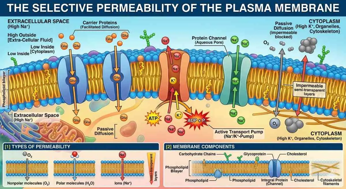 3D पशु और पौध कोशिका का चित्र जिसमें प्लाज्मा झिल्ली, जीवद्रव्य, केन्द्रक और माइटोकॉण्ड्रिया दिखाए गए हैं। कोशिका के अंदर सेमी-ट्रांसपेरेंट जीवद्रव्य और चमकते हुए माइटोकॉण्ड्रिया दिख रहे हैं। विज्ञान और शिक्षा के लिए उपयोगी पोस्टर स्टाइल।