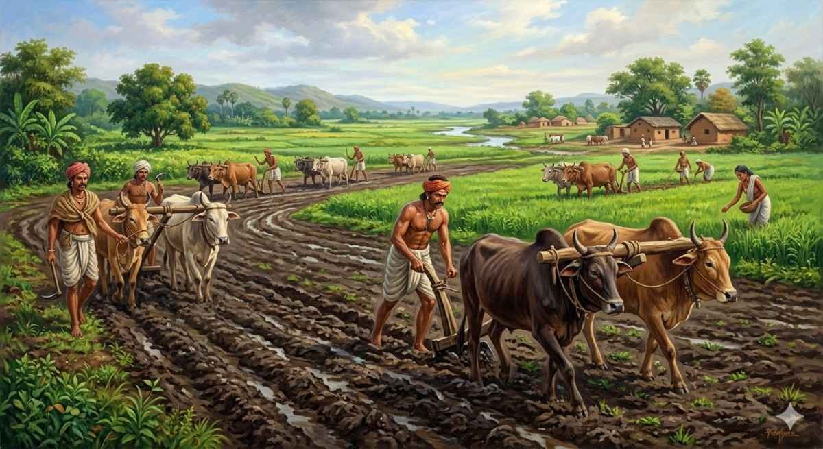 छठी शताब्दी ई.पू. में लोहे के हल से गहरी जुताई करते किसान, कृषि क्रांति का दृश्य