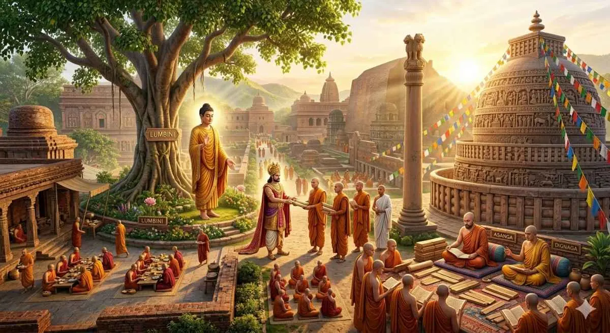 बौद्ध धर्म के महत्वपूर्ण तथ्य 2026 – शाल वृक्ष के नीचे बुद्ध जन्म, अशोक के प्रचारक, स्तूप संरचना और असंग-दिग्नाग का दर्शन