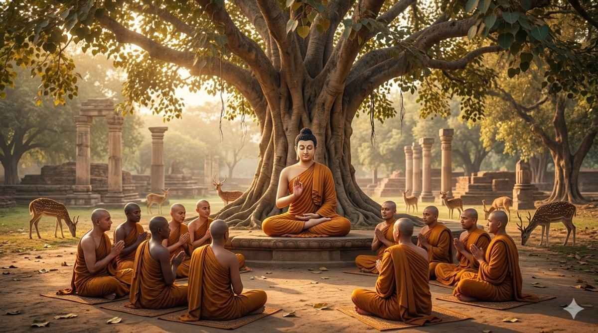 गौतम बुद्ध सारनाथ में भिक्षुओं को उपदेश देते हुए - बौद्ध धर्म MCQ 2026