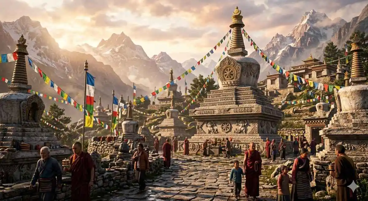 बौद्ध स्तूप और तीर्थ स्थल का 3D चित्र जिसमें दर्शनार्थी और धर्मचक्र, कमल और अन्य प्रतीक दिखाई दे रहे हैं