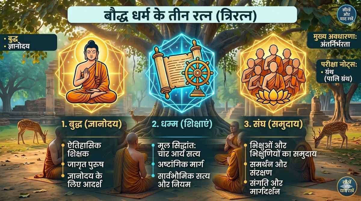 बौद्ध धर्म के त्रिरत्न – बुद्ध, धम्म और संघ, प्रतीकात्मक रूप में, प्रतियोगी परीक्षा शिक्षा हेतु