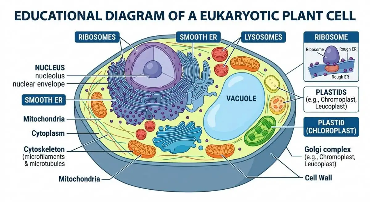 कोशिका के राइबोसोम, एंडोप्लाज्मिक रेटिकुलम, लाइसोसोम और लवक का चित्र