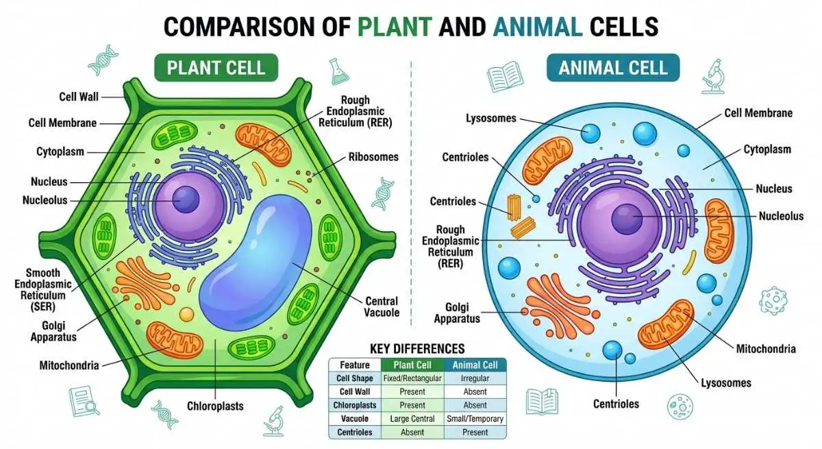 पादप और जंतु कोशिका की संरचना का लेबलयुक्त चित्र – Cell Structure MCQ 2026