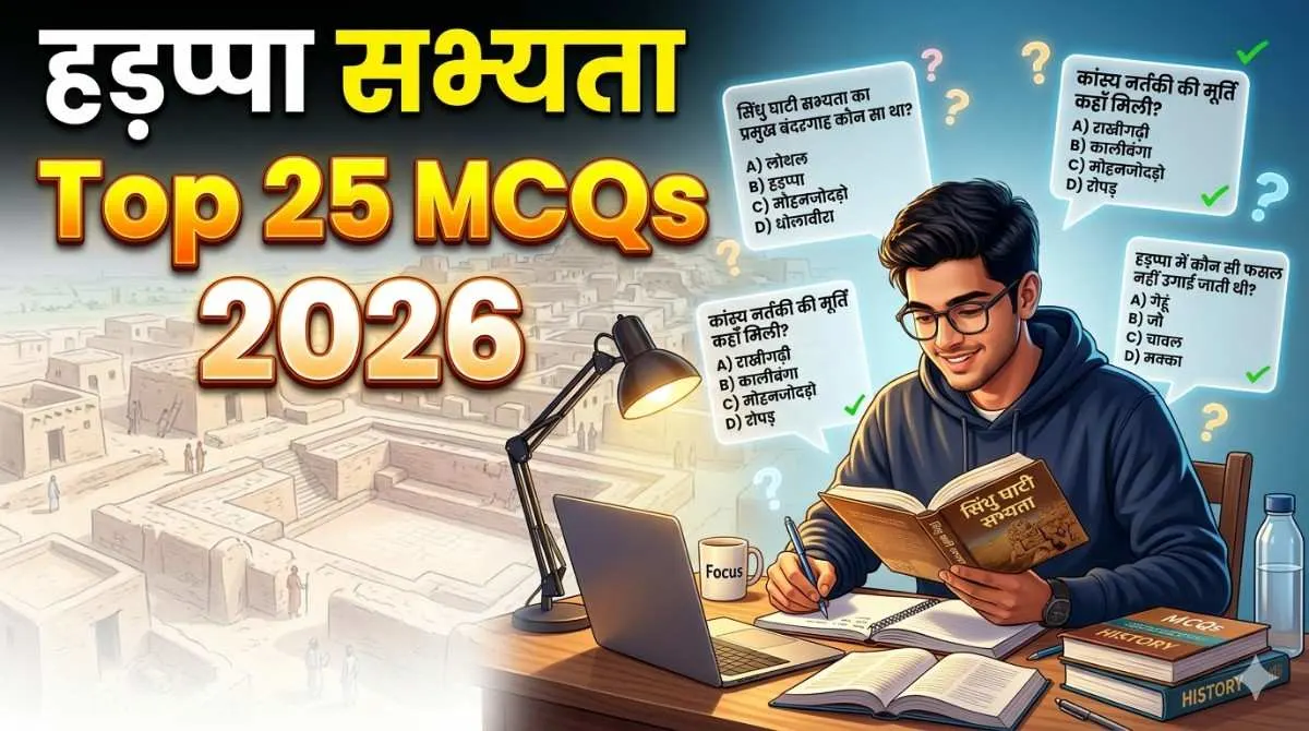 हड़प्पा सभ्यता के 25 महत्वपूर्ण MCQs 2026 UPSC SSC Railway परीक्षा तैयारी
