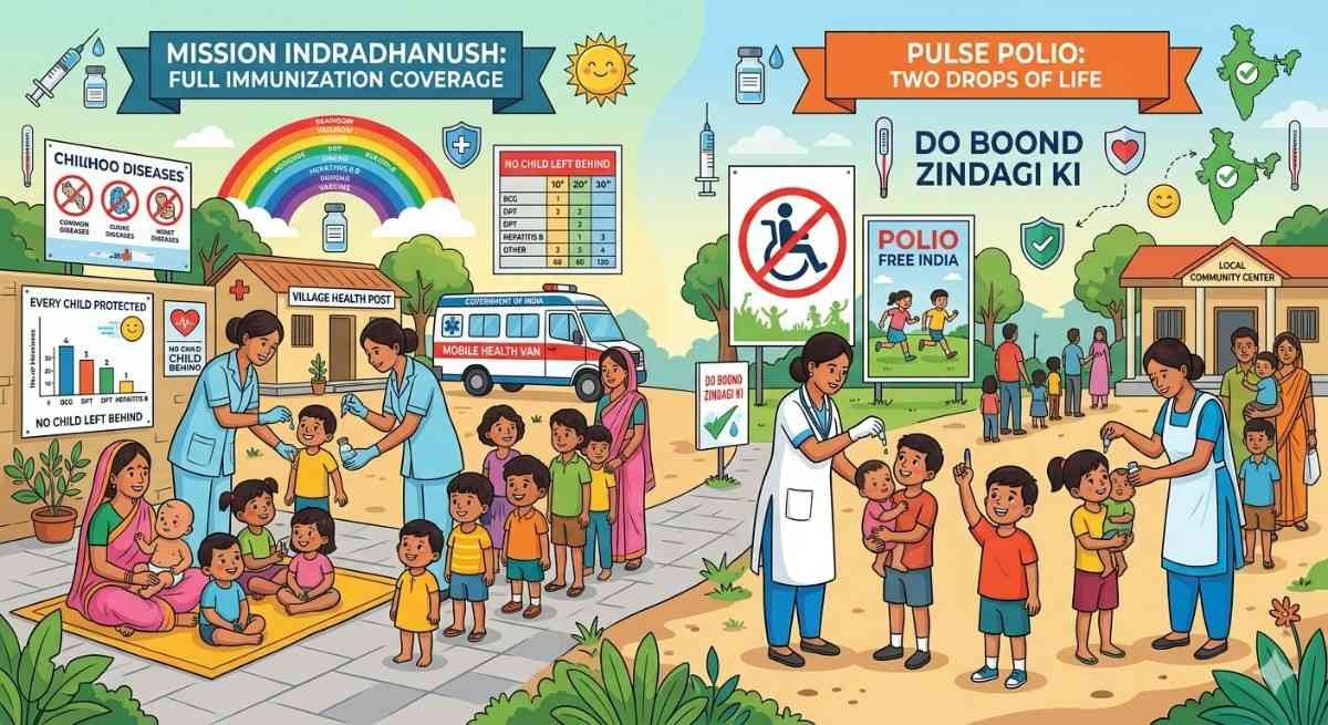 भारत में Mission Indradhanush और Pulse Polio अभियान, स्वास्थ्यकर्मी बच्चों को टीका लगा रहे हैं, वायरल रोग जैसे खसरा, पोलियो, रोटावायरस से सुरक्षा, सरकारी टीकाकरण कार्यक्रम।