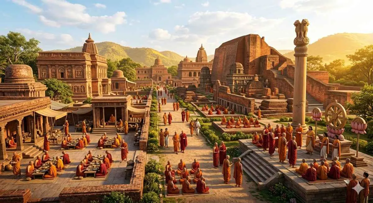 नालंदा विश्वविद्यालय का 3D दृश्य जिसमें भव्य पुस्तकालय, छात्र और मठाध्यापक, अशोक के प्रचारक, अंतिम भोजन करते भिक्षु, धर्म चक्र और कमल प्रतीक दिख रहे हैं, ऐतिहासिक परिसर और पहाड़ियों के साथ।