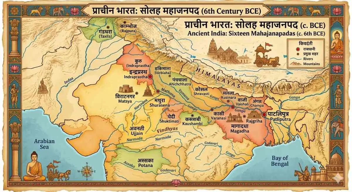सोलह महाजनपद का नक्शा और प्रमुख राजधानी | प्राचीन भारत MCQs 2026