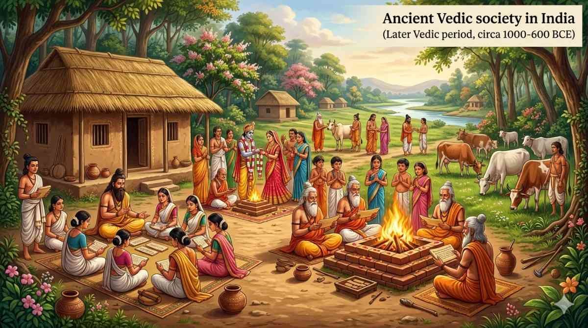 उत्तर वैदिक काल का वैदिक समाज दिखाती हुई इमेज जिसमें महिलाएँ गुरुकुल में शिक्षा ले रही हैं, वैदिक विवाह और सामाजिक अनुष्ठान जैसे ब्रह्म, दैव, आर्ष, प्रजापत्य, गांधर्व, असुर, राक्षस, पैशाच विवाह दिखाए गए हैं, शिक्षा और सामाजिक प्रथाएँ