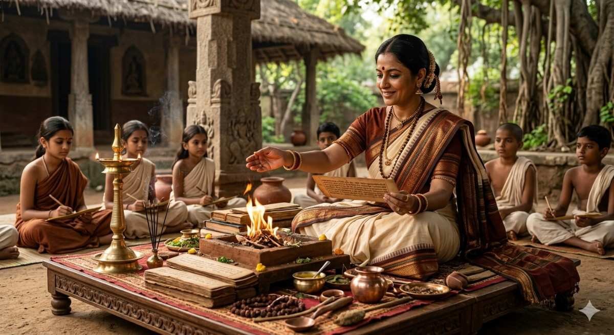 वैदिक काल में महिलाओं की भूमिका दर्शाती हुई एक विदुषी महिला यज्ञ करते हुए – Vedic Period Women MCQ