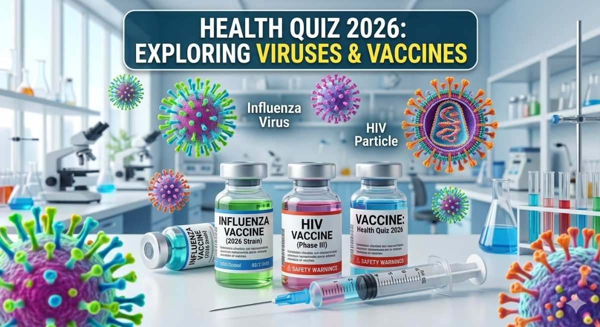 महत्वपूर्ण वायरस, टीके और महामारी MCQs | Health Quiz 2026 3D illustration of viruses like dengue, HIV, and influenza with vaccine vials and syringes, important vaccines and pandemics, health quiz 2026 concept